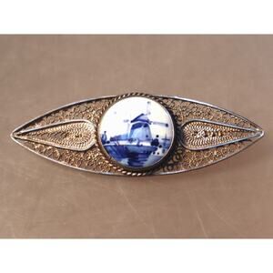 Vintage Delft Filigree Windmill Brooch Pin Sterling